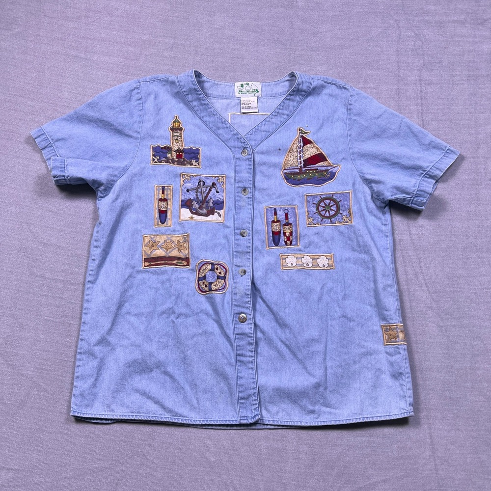 The Quacker Factory Women's Denim Shirt Lighthouse Sailboat‎ Applique Size Large
